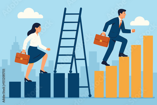 Gender disparity in career advancement concept. Businesswoman facing obstacles on corporate ladder while man has clear path. Workplace inequality, sexism, gender gap illustration.