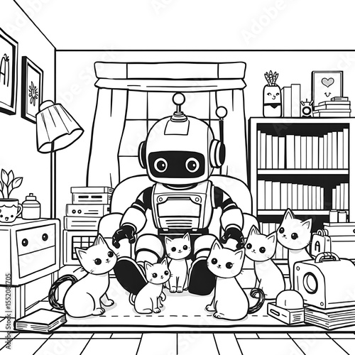 friendly robot with cute kittens in cozy cartoon room
