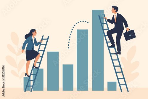 Gender disparity in career opportunities. Businessman climbs a tall ladder while a businesswoman faces a challenging gap. Concept of inequality, sexism, glass ceiling, unfair advancement.