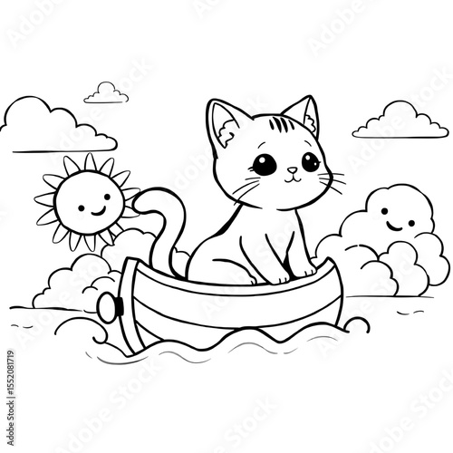 cute cartoon cat sailing in boat with smiling sun and clouds