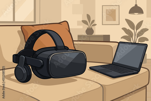 Virtual reality headset and laptop on sofa. VR gaming concept. Metaverse exploration. Futuristic technology and entertainment at home. Digital simulation glasses. Vector cartoon.