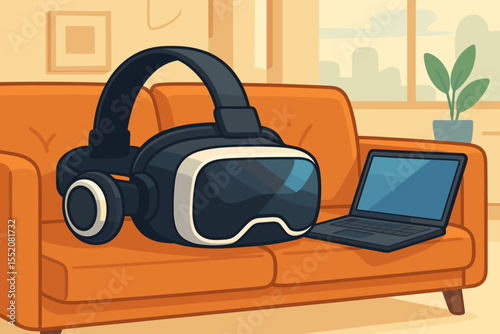 Cutting-edge VR headset with integrated audio and a modern laptop resting on a contemporary living room sofa. Virtual reality technology for immersive entertainment, gaming, and digital experience.
