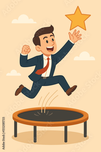 Businessman jumping on trampoline reaching for a star. Concept of success, ambition, career growth. Metaphor for goal achievement, motivation, and professional development.