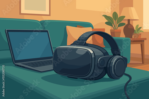 Virtual reality headset and laptop computer on a sofa. Concept for metaverse, gaming, futuristic technology, simulation, and cyberspace. Immersive entertainment equipment illustration.