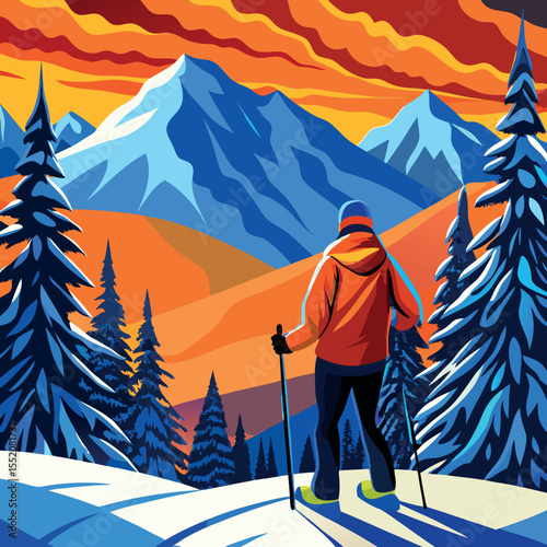 Skier on Snowy Mountain Slope in Bright Winter Light – Adventure and Alpine Sports Scene.