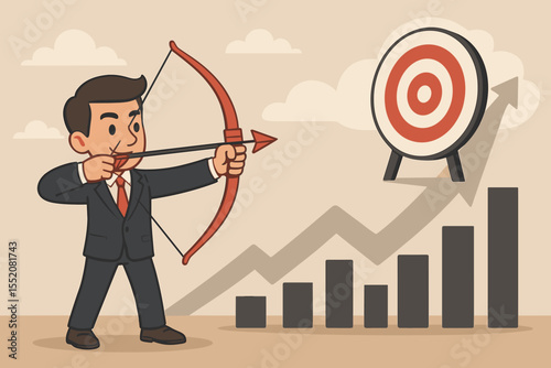 Business success concept with clear objectives and targets. Vector cartoon of aiming for a goal. Strategic planning for growth. Metaphor for achievement, mission, vision, and development.