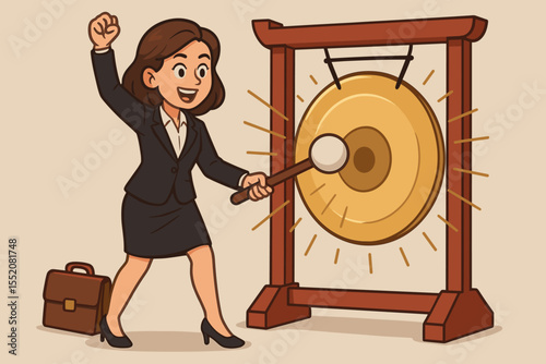 Businesswoman hitting a success gong vector cartoon illustration. Concept of professional achievement, reaching a goal, victory celebration, a business milestone, and winning a target.