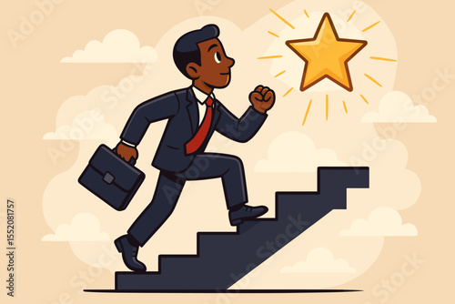 Black businessman climbing stairs to reach a star. Concept for career advancement, success, ambition, and goals. Professional growth on the corporate ladder. Vector illustration.