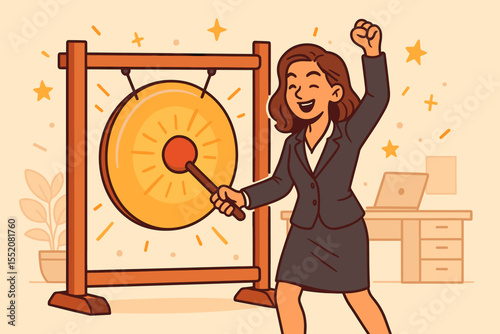 Happy businesswoman striking a success gong in the office. Concept of professional achievement, reaching a business goal, and victory celebration. Corporate cartoon vector illustration.