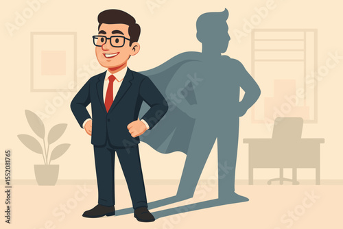 Ambitious businessman with a superhero shadow concept. Metaphor for leadership, inner power, motivation, and success in a corporate environment. Visionary leader vector illustration.