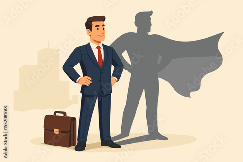 Confident businessman casting a superhero shadow with a cape, a metaphor for leadership, ambition, and success. Vector concept of hidden power, potential, motivation, and visionary.