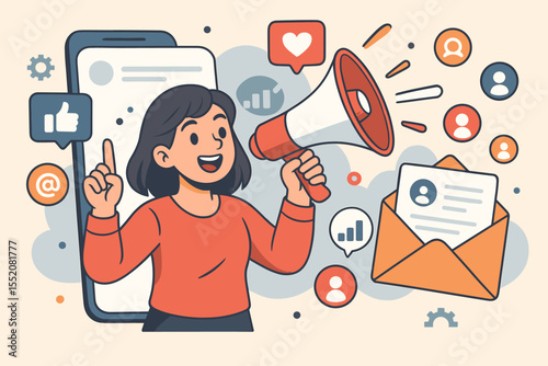 Digital marketing concept with a woman using a megaphone for brand promotion. Social media campaign, subscriber engagement, email newsletter. SMM strategy for audience growth vector.
