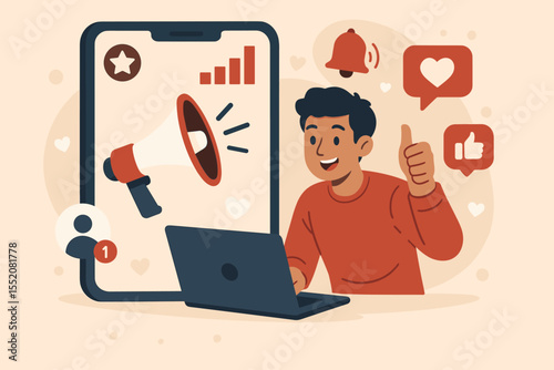 Social media marketing concept. Man with laptop getting new followers and likes. Digital advertising, SMM strategy for brand promotion, audience engagement, business growth vector.