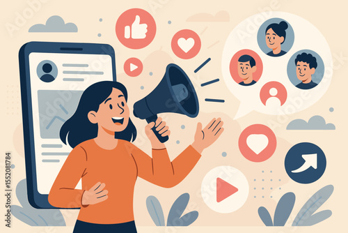 Social media marketing concept. Woman with megaphone promotes brand on smartphone. SMM strategy for audience reach, follower engagement, digital advertising, and online communication. Vector.