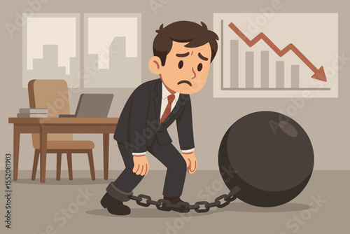 Businessman burdened by a heavy ball and chain. Metaphor for debt, business failure, and financial crisis. Stressed employee feeling pressure. Economic recession, bankruptcy concept.