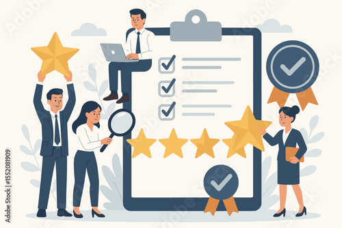 Quality management and customer satisfaction concept. Business team working on five star rating and feedback survey. Reputation improvement, performance evaluation and standard check.
