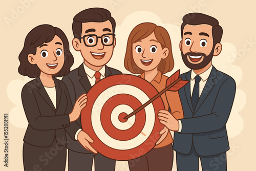 Happy business team holding a target with an arrow in the bullseye. Teamwork and collaboration concept. Colleagues achieving a common goal. Corporate strategy vector illustration.