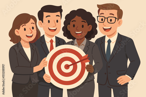Diverse business team holding a target with arrow in the bullseye. Concept of teamwork, collaboration, shared goal achievement, and corporate success. Cartoon vector illustration.