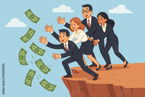 Business team collaboration on a cliff edge, catching falling money. Metaphor for financial opportunity, risk management, teamwork, and unity. Partnership and support for success.