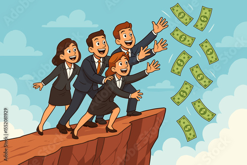 Cartoon business team on a cliff reaching for falling dollar bills. Concept of teamwork, financial success, corporate profit, ambition, and seizing investment opportunities. Vector.