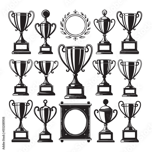 A shining set of gold, silver, and bronze trophies and awards, perfect for recognizing the champion's success in any competitionA shining set of gold, silver, and bronze trophies and awards, perfect 
