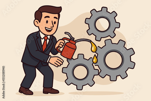 Businessman lubricating gears with an oil can. Metaphor for smooth business operations, workflow optimization, teamwork, and efficiency. Process improvement concept vector.