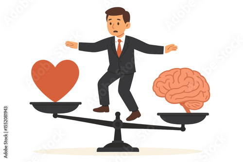 Work-life balance concept. Businessman on a scale balancing between a heart and a brain. Man faces a dilemma, choosing between emotions and logic, career and passion, love and work.