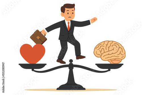 Businessman balancing on a scale between heart and mind, a metaphor for work-life balance. Choosing between emotion and logic, love and career, passion and reason. Dilemma concept vector.