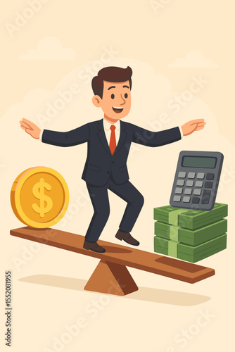 Concept of financial management and budgeting. A businessman balances income represented by a gold coin and expenses with cash and a calculator on a seesaw. Vector illustration.