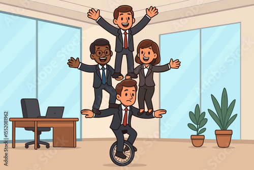 Business leadership metaphor of a manager balancing a diverse team on a unicycle. Concept for teamwork, responsibility, pressure, corporate support, and stability. Cartoon vector.