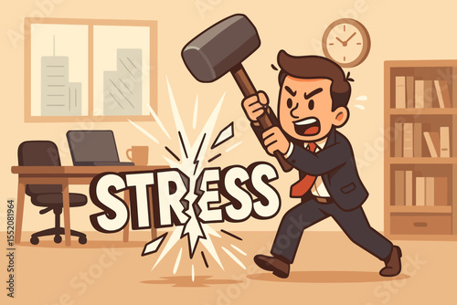 Angry businessman smashing the word STRESS with a hammer. Office worker fighting workplace pressure. Stress management, overcoming burnout and frustration concept vector illustration.