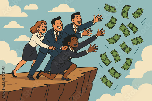 Business team on a cliff edge reaching for falling money. Metaphor for teamwork, financial risk, opportunity, and success. Corporate collaboration and profit cartoon vector.