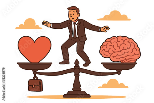 Businessman balancing on a scale between a heart and brain. Work-life balance concept. Man choosing between emotion and logic, love and career, passion and work. Decision dilemma vector.