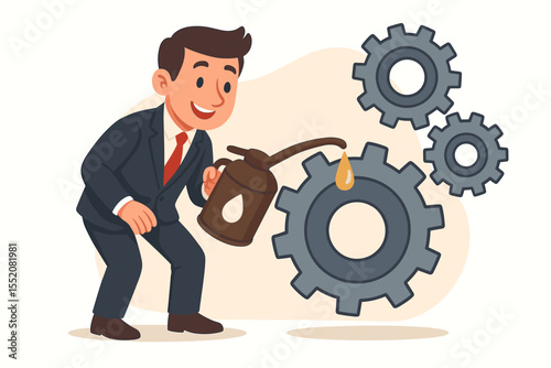 Businessman applying lubricant to gears. Metaphor for smooth business operations, workflow optimization, and progress. Teamwork and synergy concept for system maintenance and efficiency.