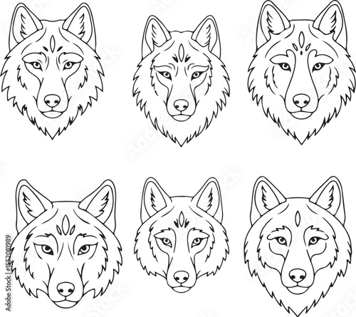 Six Wolf Head Line Art Designs: Perfect for Coloring Pages, Tattoos & More