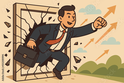 Businessman breaking barriers, escaping limitations, exploring new opportunities. Innovation, leadership, entrepreneurship. Career growth, success, achieving goals. Cartoon vector illustration.