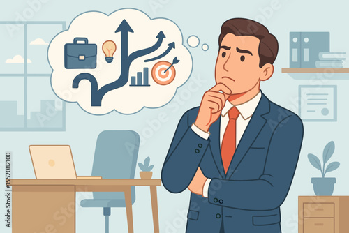 Businessman making career choice. Pensive man thinking about future path, strategy, and business opportunities. Concept of decision making with thought bubble, arrows, and target.
