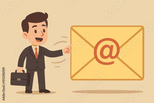 Cartoon businessman character pointing at a big envelope. Email marketing campaign concept. Digital communication, sending a message, newsletter or spam. Vector business illustration.