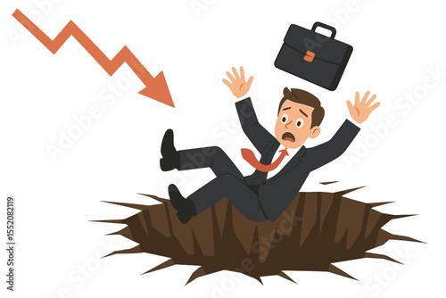 Businessman falling into pit. Metaphor for business failure, financial crisis, investment risk. Concept of bankruptcy, debt, economic recession, stock market crash and challenges.