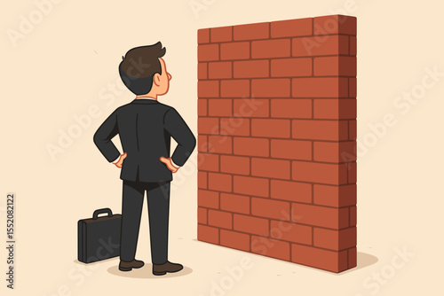 Businessman facing brick wall. Business challenge concept with man at an impasse. Metaphor for obstacle, career difficulty, corporate crisis, finding a solution to a problem. Vector.