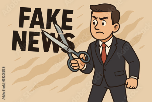 Businessman cutting fake news text with scissors. Concept combating misinformation, fighting false information, digital media, social media, fact-checking, news integrity, cartoon vector illustration