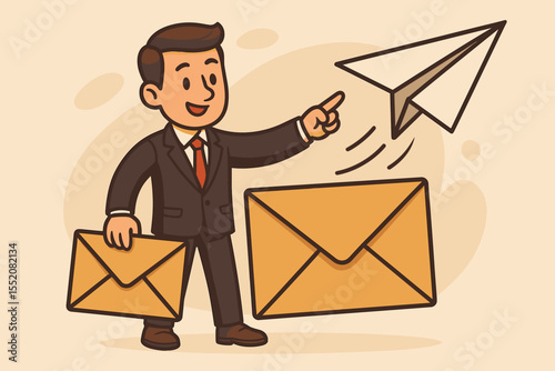 Businessman sending an email marketing campaign message. Cartoon character with envelope and paper plane. Business communication, newsletter promotion, and direct mail concept.