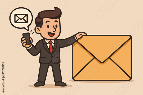 Happy businessman sending email marketing newsletter. Cartoon character with smartphone delivering a large message envelope. Digital communication and promotion business concept vector.