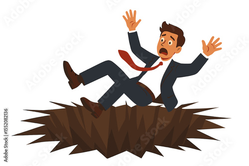 Businessman falling into a deep pit trap. Metaphor for business crisis, failure, and financial risk. Concept of mistake, danger, challenges, and bankruptcy. Cartoon vector illustration.