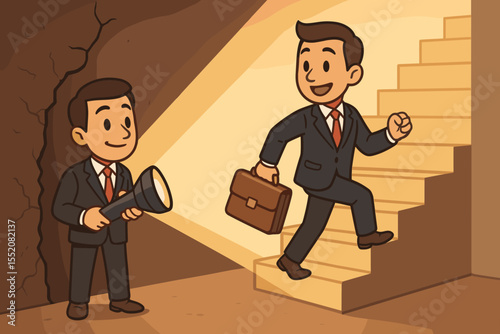 Businessman illuminating hidden stairs for colleague with flashlight, uncovering business opportunities, guidance, support, leadership, strategy, teamwork, career progression, cartoon vector