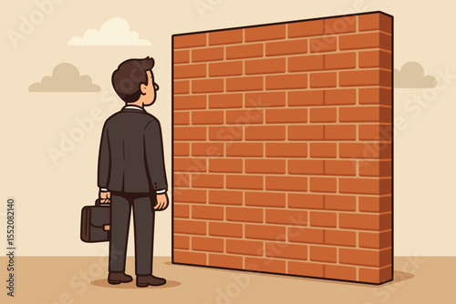 Businessman facing a brick wall. Business obstacle concept. Challenge, problem, and barrier metaphor. Career crisis, limitation, and dead end. No way forward vector illustration.