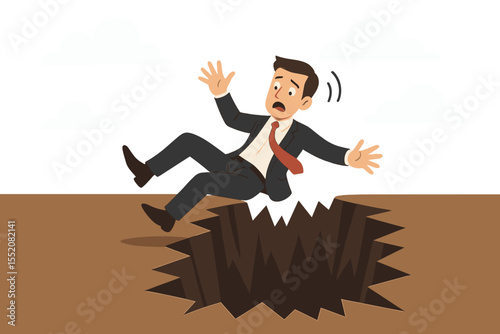 Businessman faces a major crisis, falling into a pit of failure, embodying business risks, financial challenges, and unexpected professional problems.