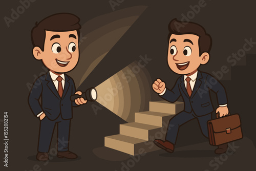 Cartoon businessmen in suits uncovering hidden staircase with flashlight, symbolizing business strategy, opportunity, risk navigation, career growth, advancement, success, teamwork, workplace journey