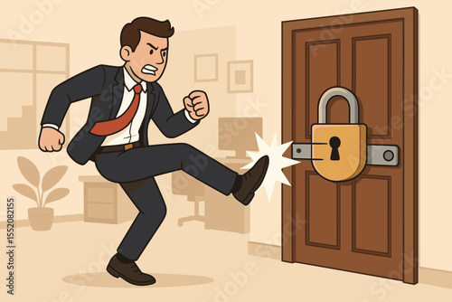 Determined businessman kicking a locked door, breaking the padlock. Metaphor for overcoming business obstacles, breaking barriers, and finding a forceful solution. Cartoon vector.