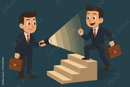 Businessman shining flashlight to reveal hidden stairs for colleague, guiding career growth, leadership mentoring, business support, opportunity discovery, teamwork, vector cartoon illustration